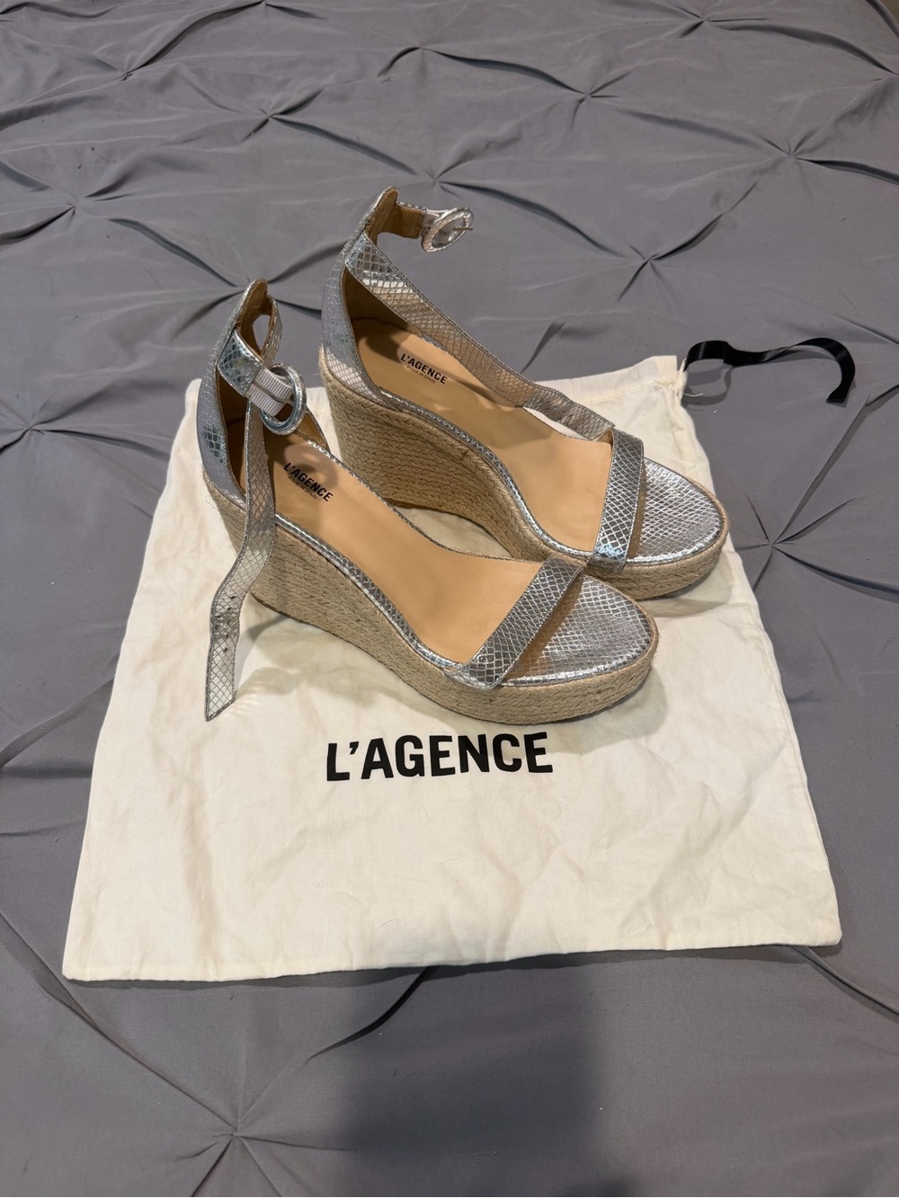 L'AGENCE Metallic Silver Wedge Sandals with Ankle Strap